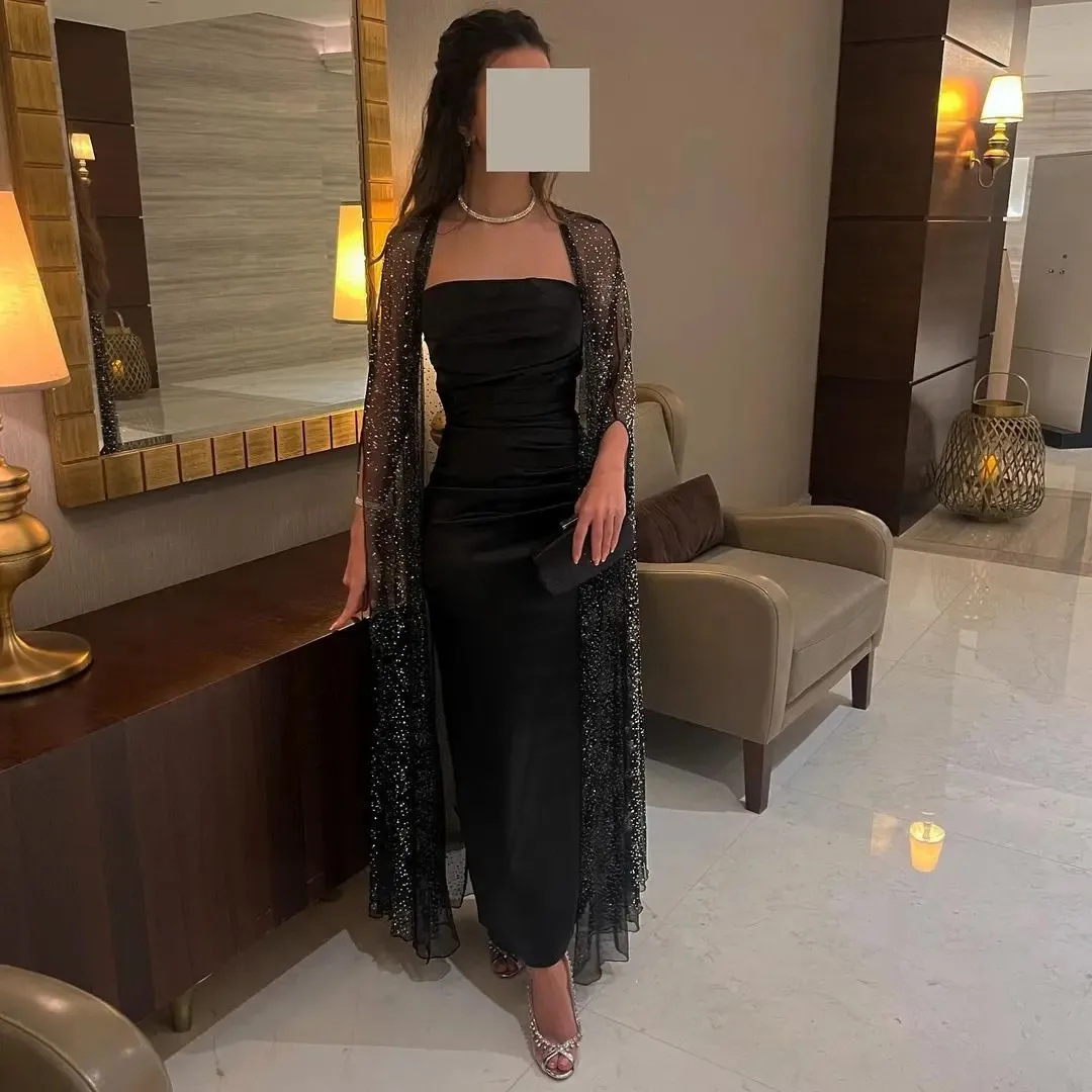 Welove Black Special Occasion Black Prom Dresses with Jacket Strapless Evening Dresses Women Wear Ankle Length Party Gowns