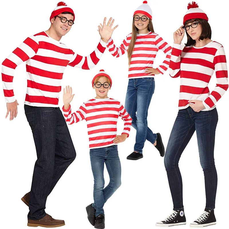 Wheres Waldo Striped Shirt Youth Kids Boys Wally Costume Shirt Glasses and Hat Socks Unisex  Adults Halloween Cosplay Costume