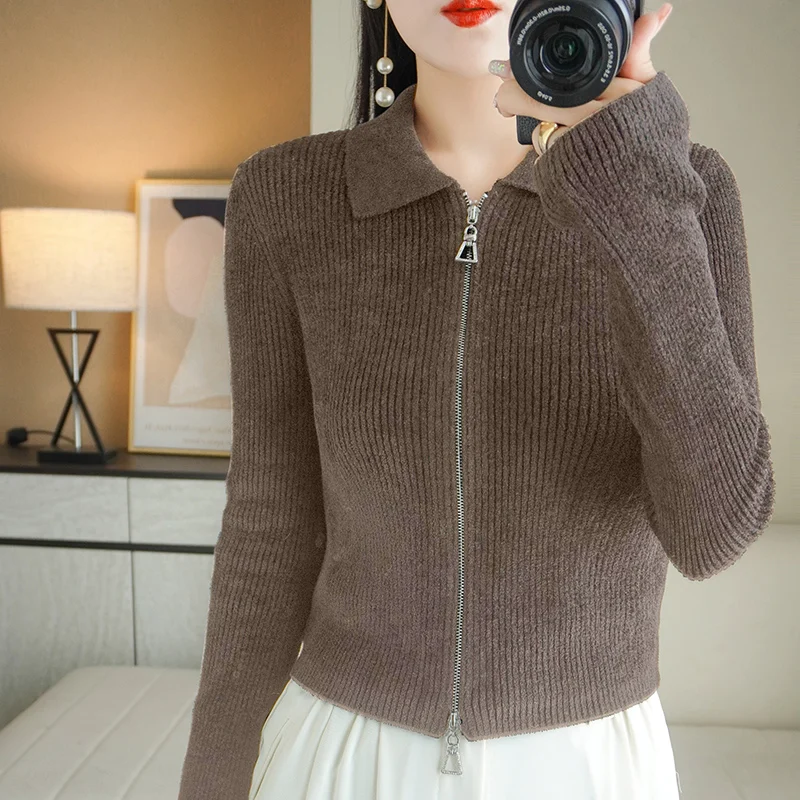 Women Autumn Winter Soft Wool Sweater Polo Collar Thicken Knitted Double Zipper Cardigan Basis ​Short Top Cashmere Female Coat