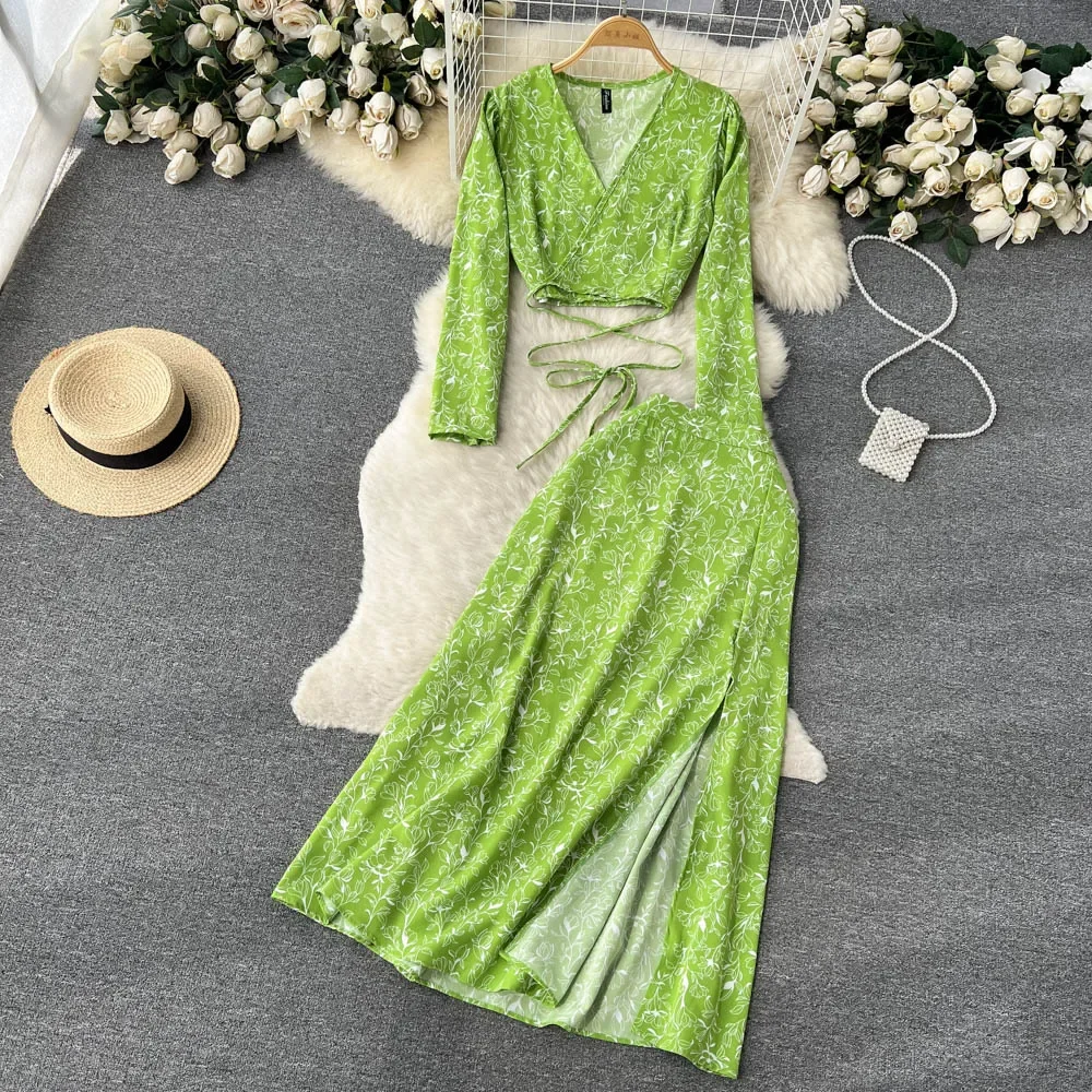 Women Chiffon Vacation Bohemian Two Pieces Suits Summer Lace Up Top+ Split Long Skirt Sets Y2K Floral Print Beach Sets