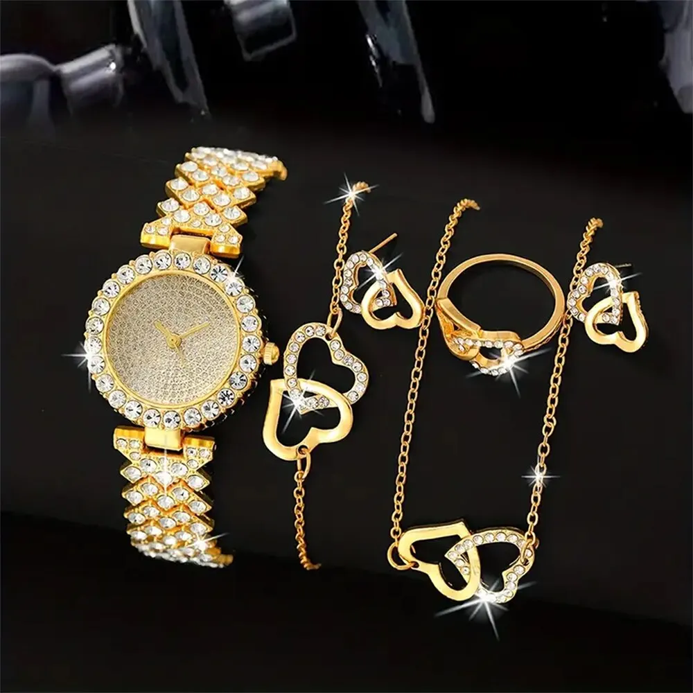 Women Dainty Quartz Watch With Heart Jewelry Set For Women Rhinestone Watch Double Heart Necklace Bracelet Earrings Ring Set