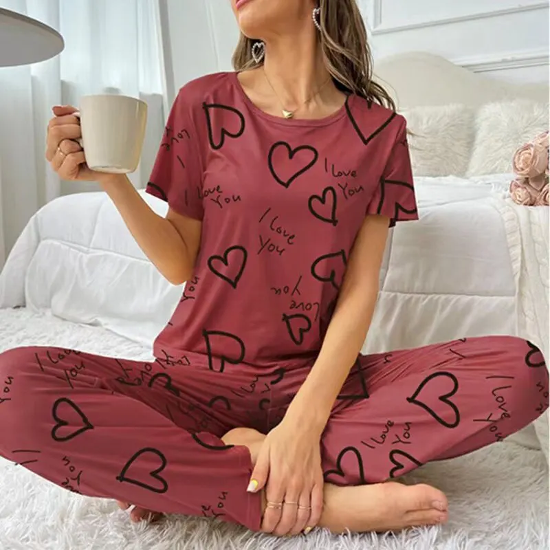 Women Pajama Set Short Sleeve Shirt and Trousers Sleepwear Pyjamas With Eye Mask Loungewear Nightwear Ladie Pijama Home Clothing