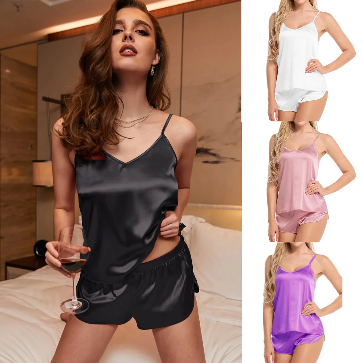 Women Pajamas Lingerie Set Satin Silk Camisole Shorts Sets 2 Pieces Sleepwear Top Shorts Nightwear Suits Sleeveless Underwear