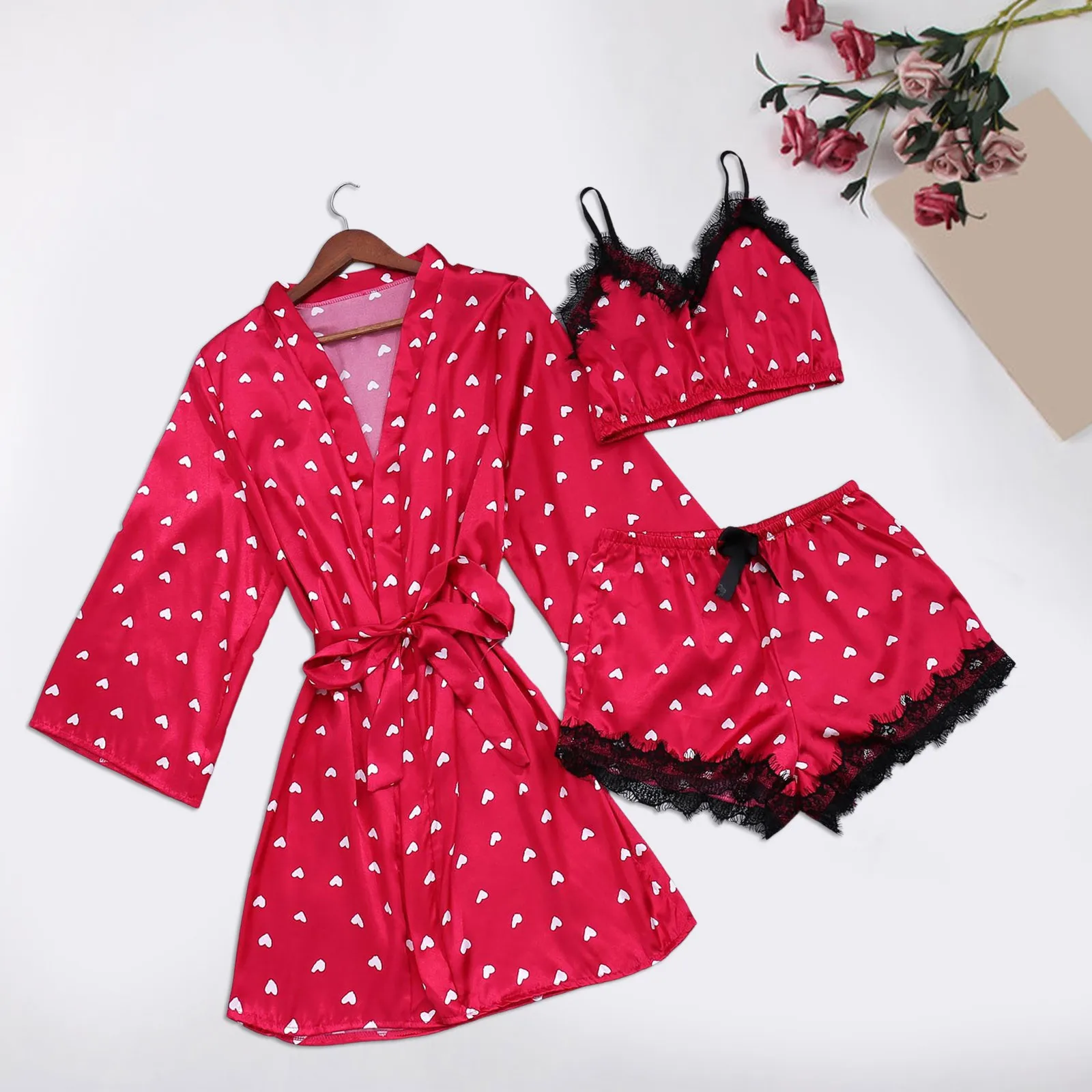 Women’ Pajamas Set 3pcs Lingerie Floral Lace Sleepwear With Robe Back Night Outfit Ladies Nightwear Home Clothes пижама женская