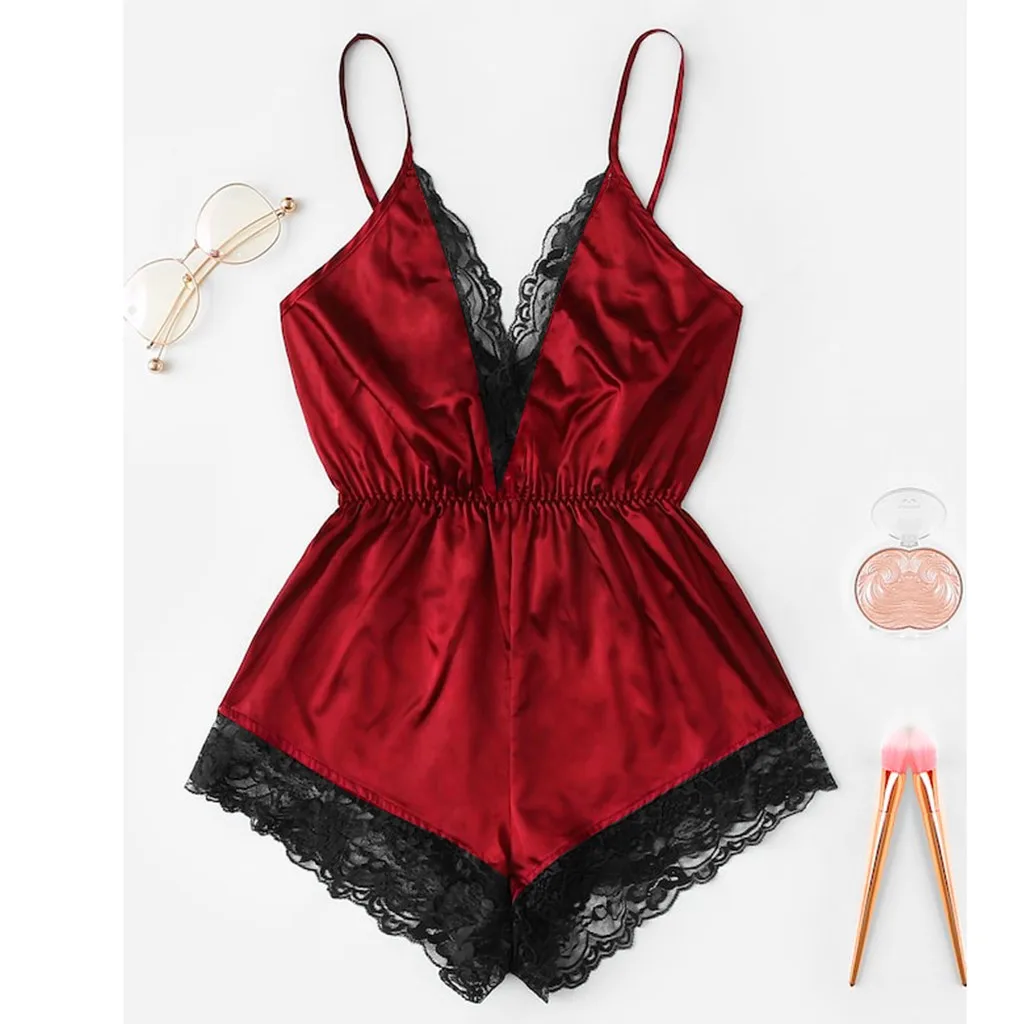 Women Sexy Lingerie Pijamas V-Neck Lace Stitching Bodysuit Sleepwear Solid Onesies Nightwear Lingerie Nightie Ropa Mujer