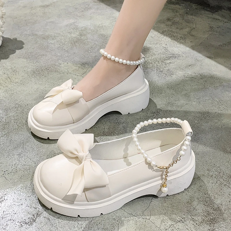 Women Thick Platform Mary Janes Lolita Shoes Party Pumps Summer 2022 New Sandals Bow Chain Mujer Shoes Fashion Oxford Zapatos