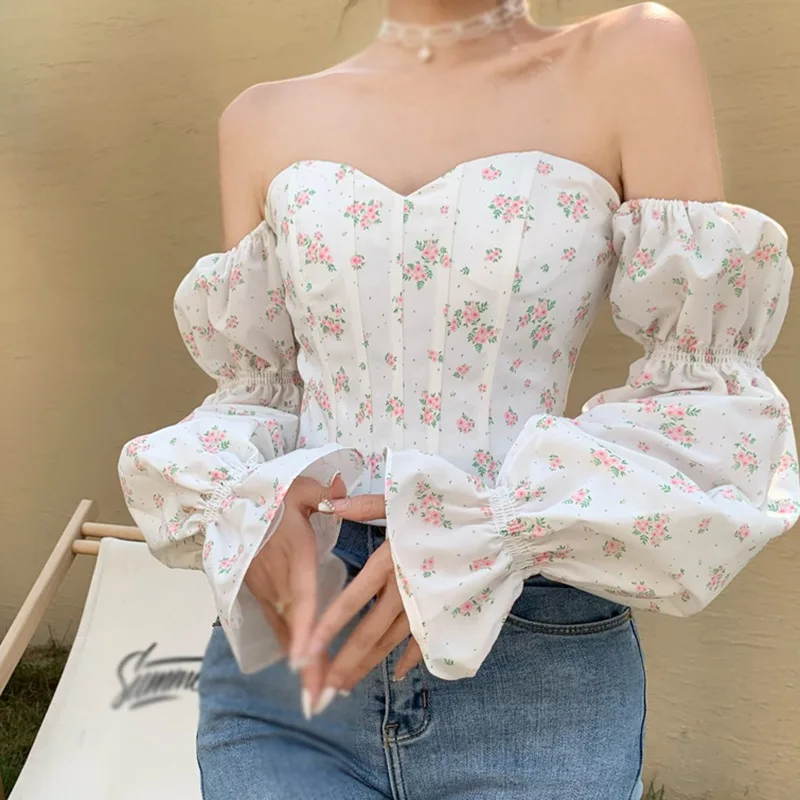 Women’s Blouse Shirts Off The Shoulder Crop Top Long Sleeve Fashion Sexy Puff Sleeve