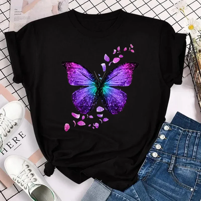 Women’s Colorful Butterfly Petal Print T-Shirt, Short Sleeve, Round Neck, Cute Graphic Tee Shirts, Female Tops Clothes