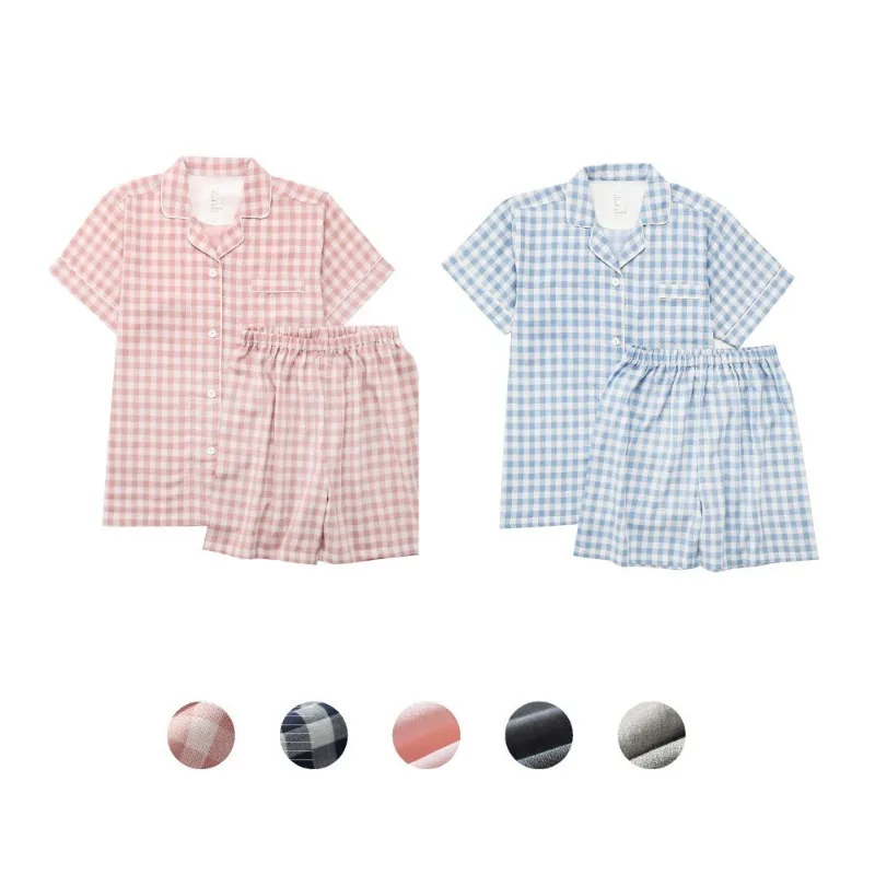 Women’s Double-layer Yarn Pajamas Set 2PCS Short Sleeve T-Shirts&Shorts Summer Cotton Sleepwear Suit Button Down Loungewear