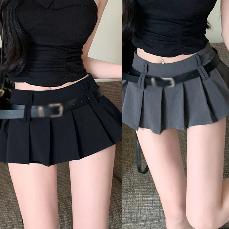 Women’s High Waist Short Skirt Sexy and Fashionable Spicy Girl A-line Pleated Skirt with Belt Half length Skirt