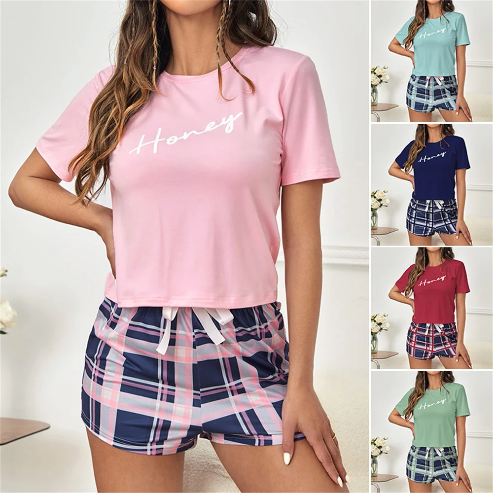 Women’s Pajamas Lingerie Set Ladies Girls Letter Print Round Neck Sleepwear Shorts Loungewear Homewear Pyjamas Underwear Tops