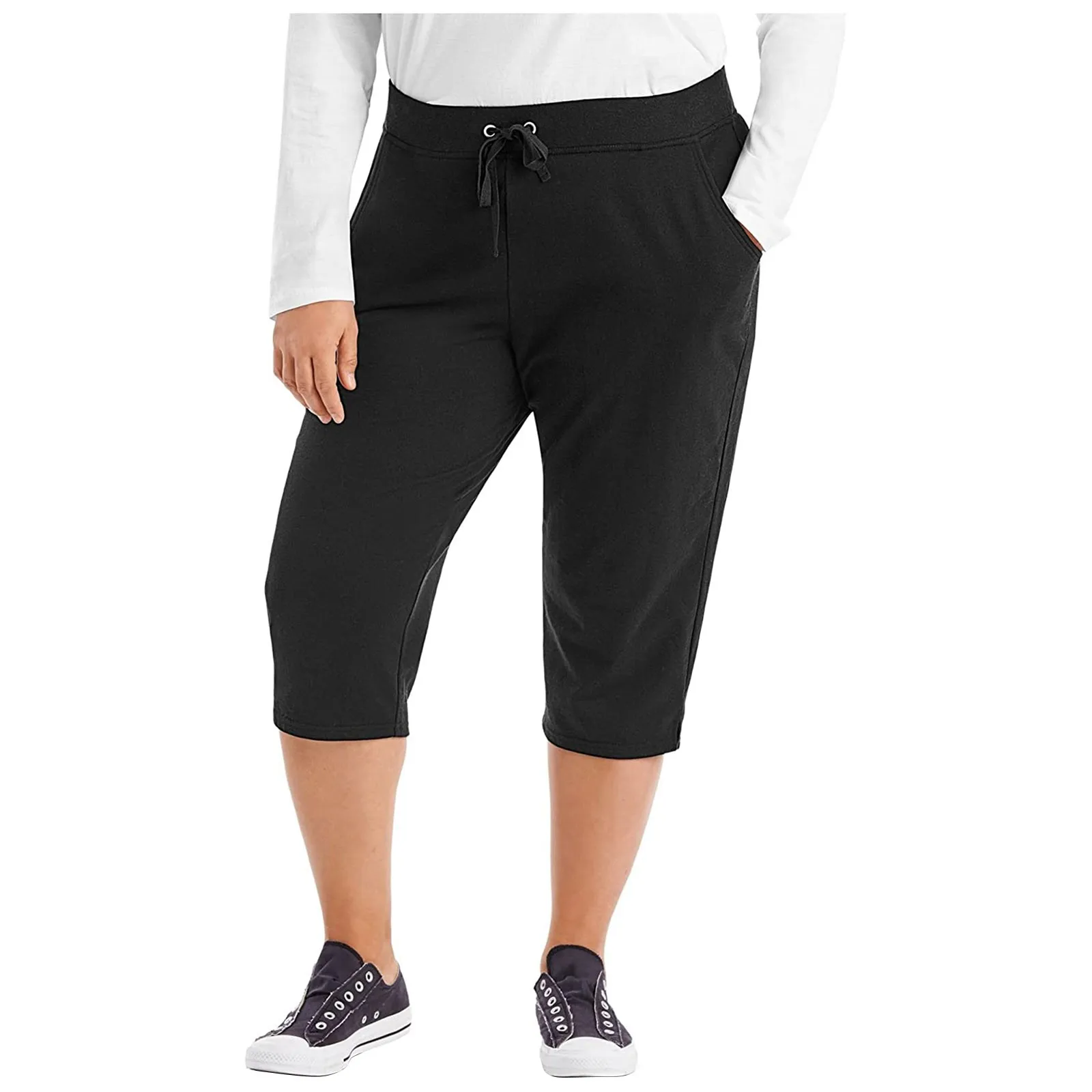 Women’s Plus Size Drawstring Stretch Cropped Trousers Yoga Pants Sweatpants