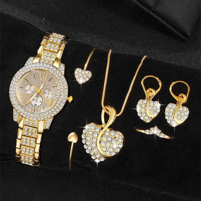 Women’s Quartz Watch Gold Luxury Women Ring Necklace Earring Rhinestone Fashion Wristwatch Casual Ladies Watches Jewelry Set