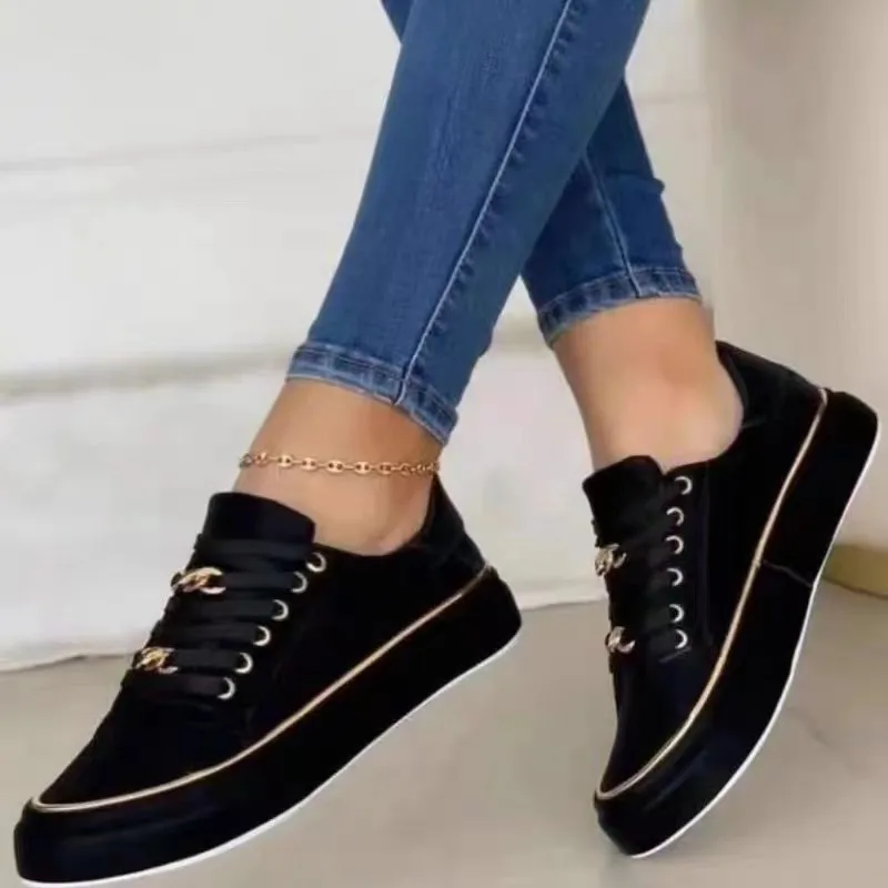 Women’s Sneakers 2023 New Fashion Chain Leather Comfortable Round Toe Platform Sneakers Lace-up Walking Women’s Vulcanized Shoes