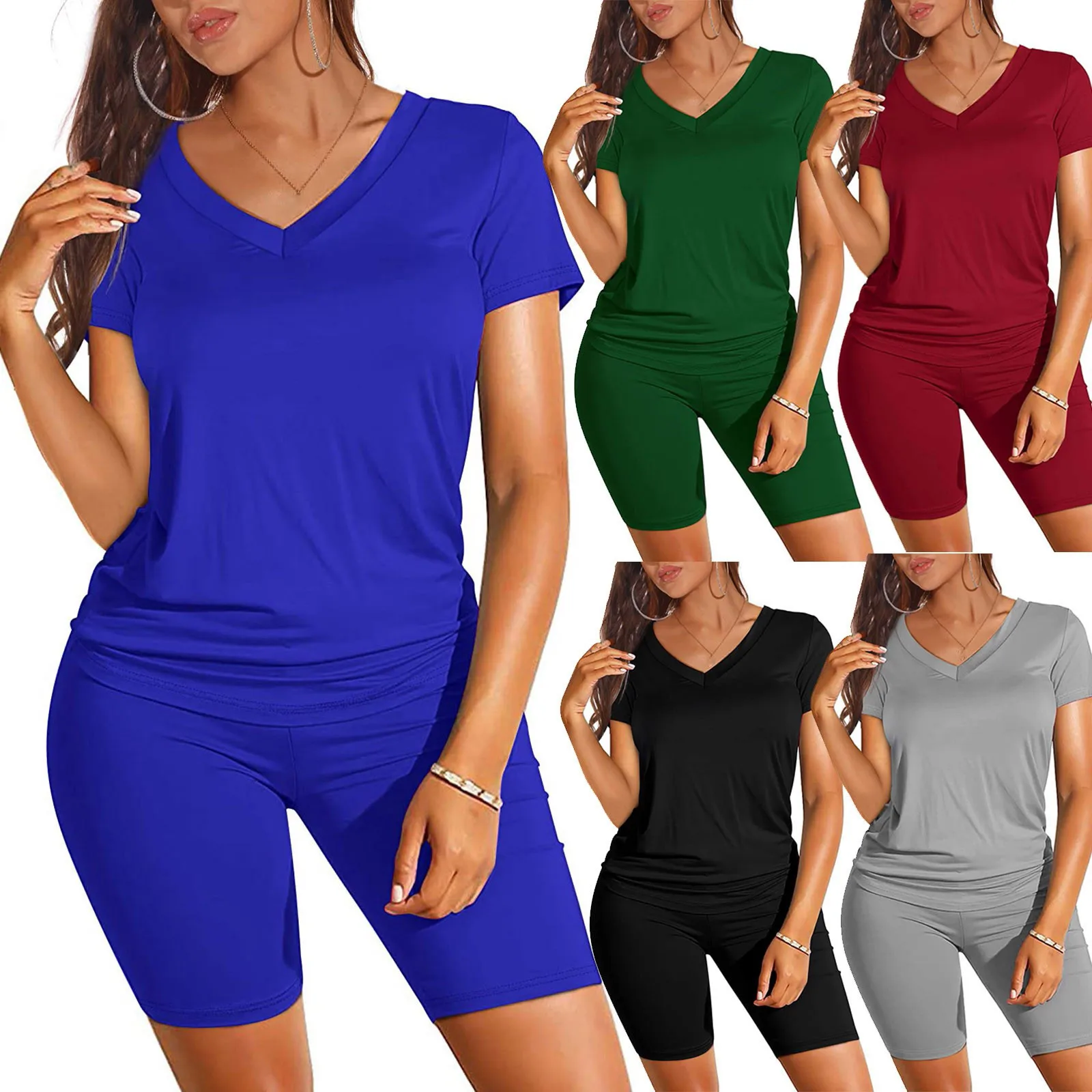 Women’s Two Piece Outfits Sweat Solid Color V-neck Lounge Short Set Short sleeved Shorts Suit Gym Sweatsuit