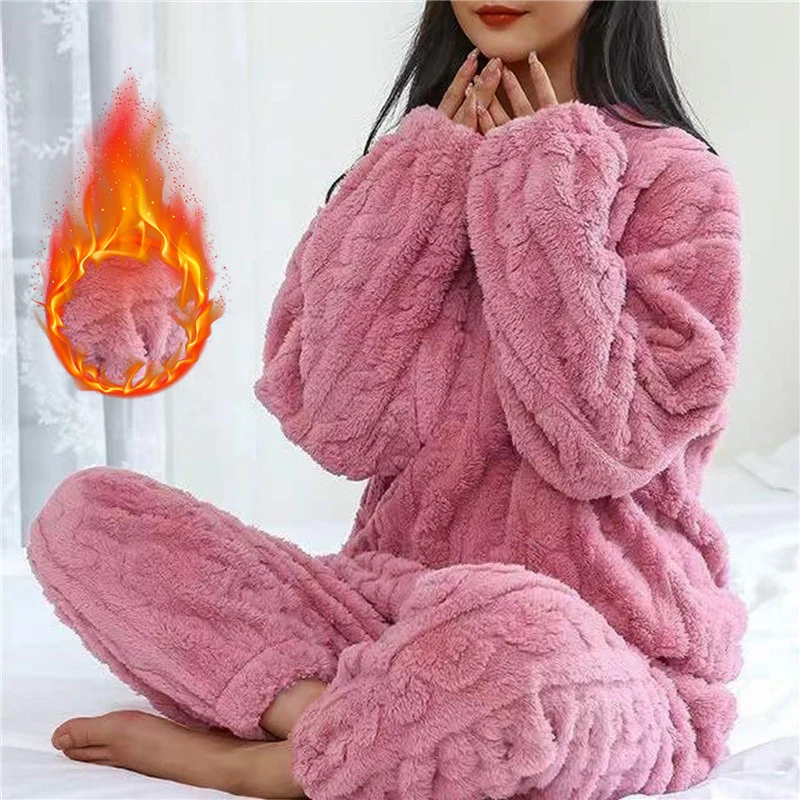 Women’s pajamas set Winter coral velvet homewear Velvet thickened two-piece home suit Fluffy O-neck leisure pajamas