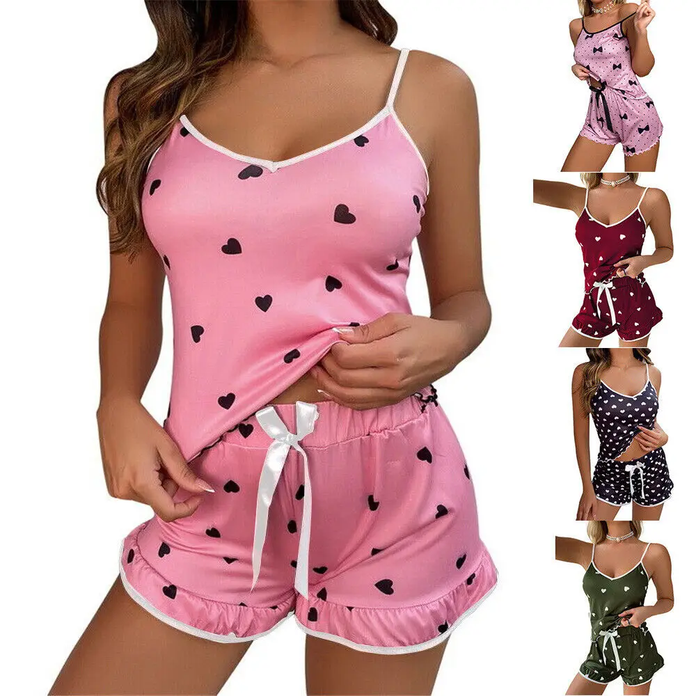 Womens Ice Silk Summer Sling Home Cloth Suit Cute Print Pj Sleepwear Underwear Sexy Lace Cami Vest Shorts Lingerie Pyjamas Sets