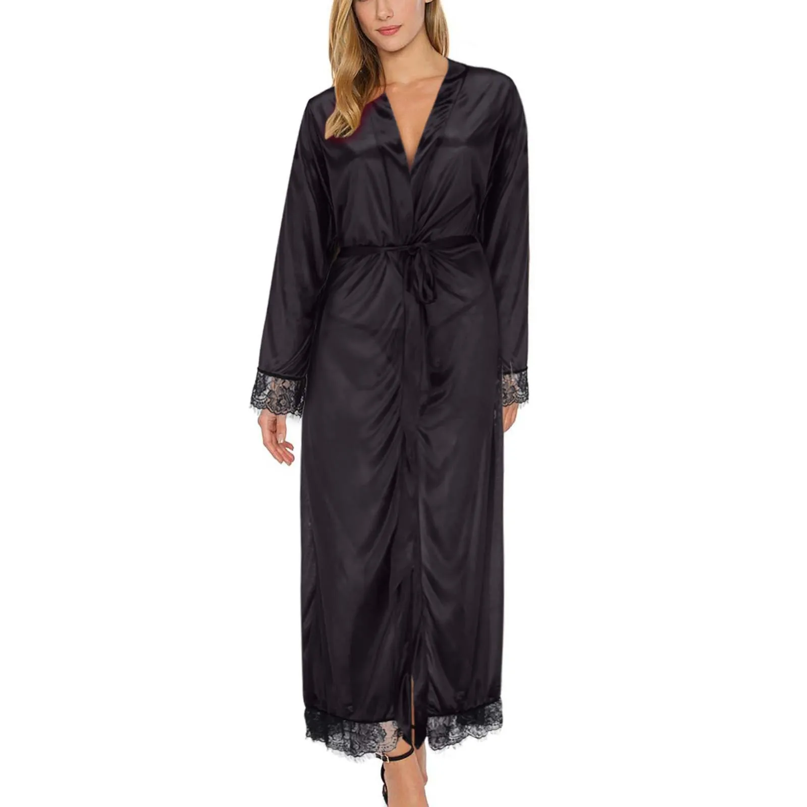 Womens Sexy Long Kimono Dress Lace Bath Robe Lingerie Gown Silk Nightdress Solid Color Nightgown Nightwear Plus Size