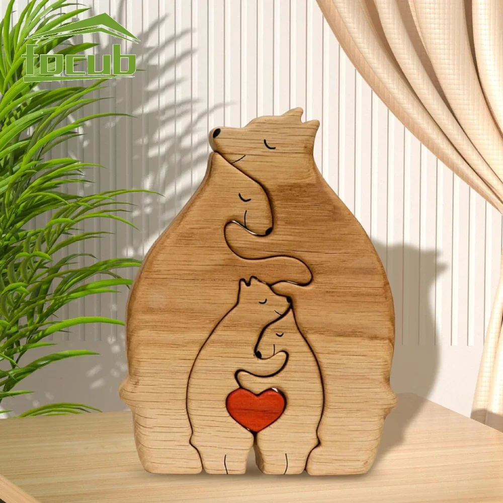 Wooden Bear Family Theme Art Puzzle DIY Family Names Wooden Heart Puzzle Desktop Ornament Home Deco Mother’s Day Gift