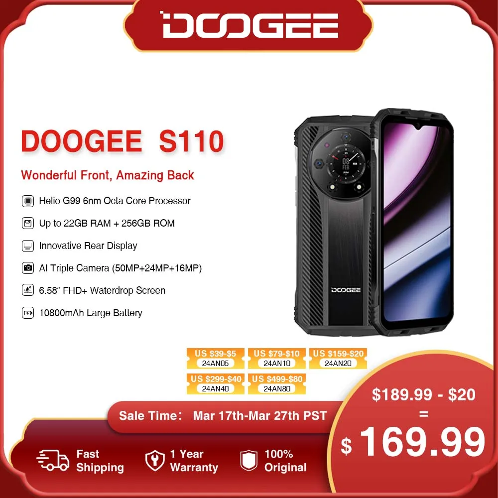 World Premiere DOOGEE S110 Rugged Phone 6.58” FHD Waterdrop Screen Helio G99 Octa Core 66W Fast Charging 10800mAh Battery Phone