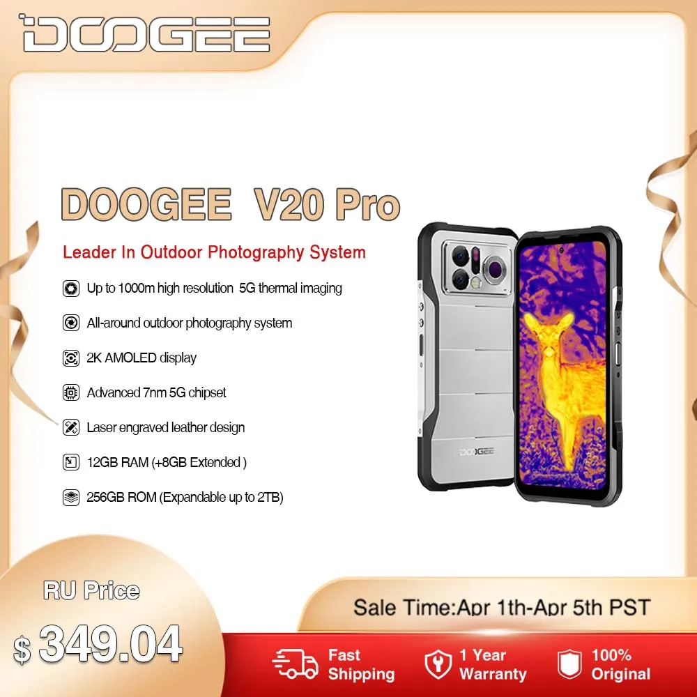 World Premiere DOOGEE V20 Pro Rugged Phone 12GB+256GB 6.43”2K AMOLED Display 1440*1080 7nm 5G Phone Thermal Imaging Cellphone