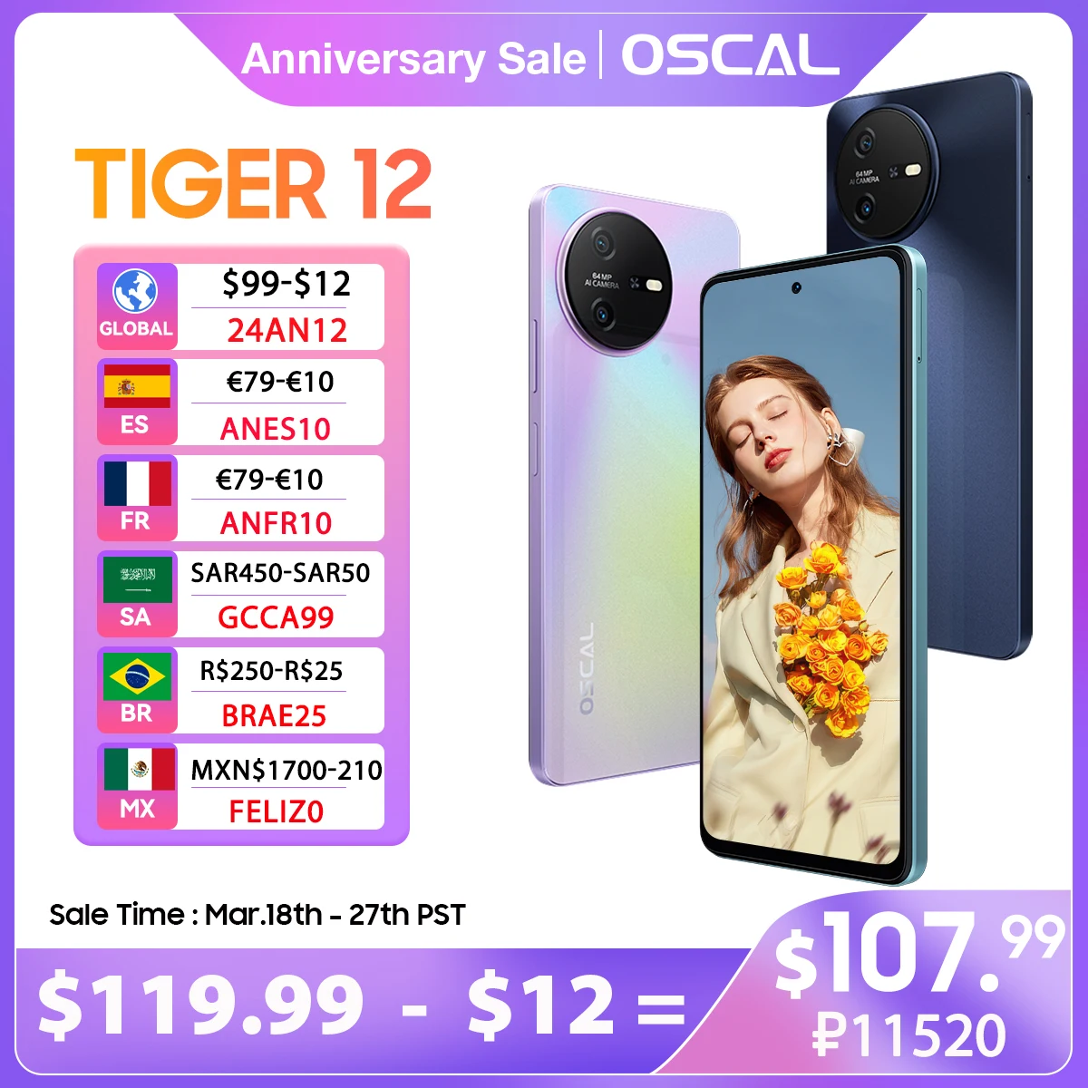 [World Premiere] OSCAL TIGER 12 Smartphone Android13 Helio G99 6.78” 120Hz 2.4K Display Cell Phone 24GB 256GB 64MP Mobile Phone