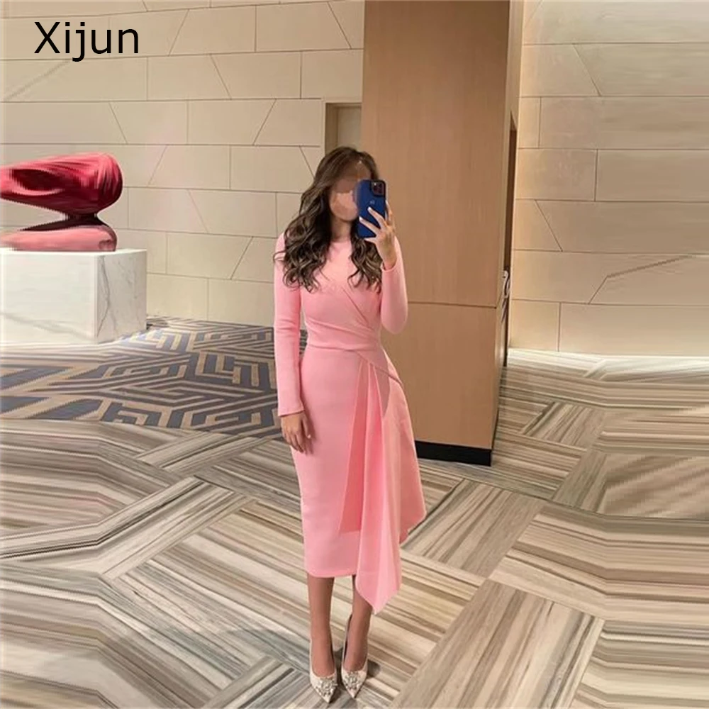 Xijun Pink Short Evening Dress Simple Prom Dress Formal Occasion Party Dress Long Sleeves Prom Gowns Tea Length 2023 Mermaid