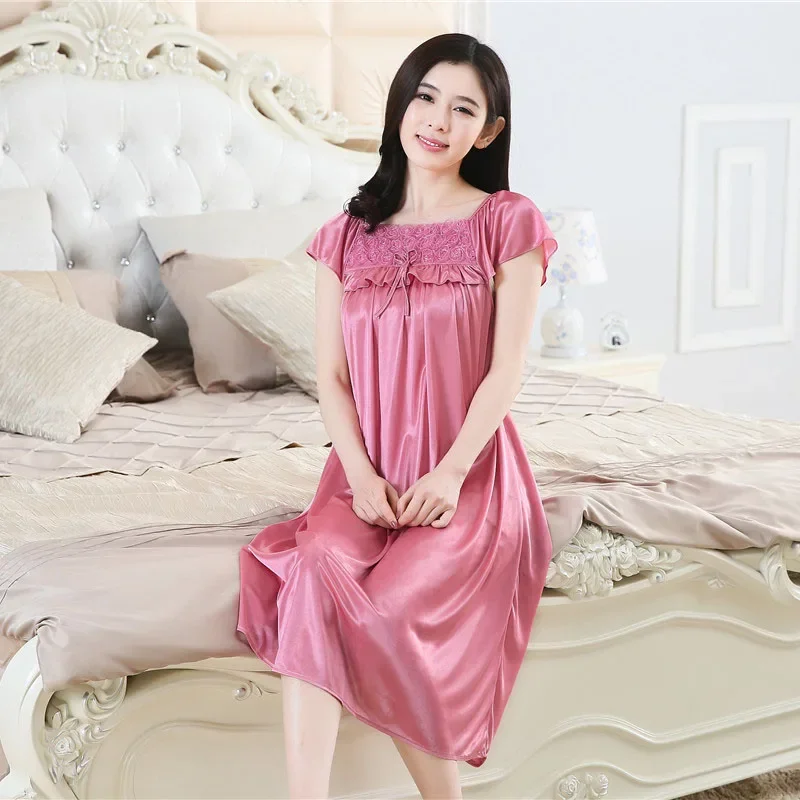 YINSILAIBEI Rose Women’s Sexy Sleepwear Plus Size Ice Silk Satin Night Dress Nightgown Female Lingerie Dress Sexy Nightwear