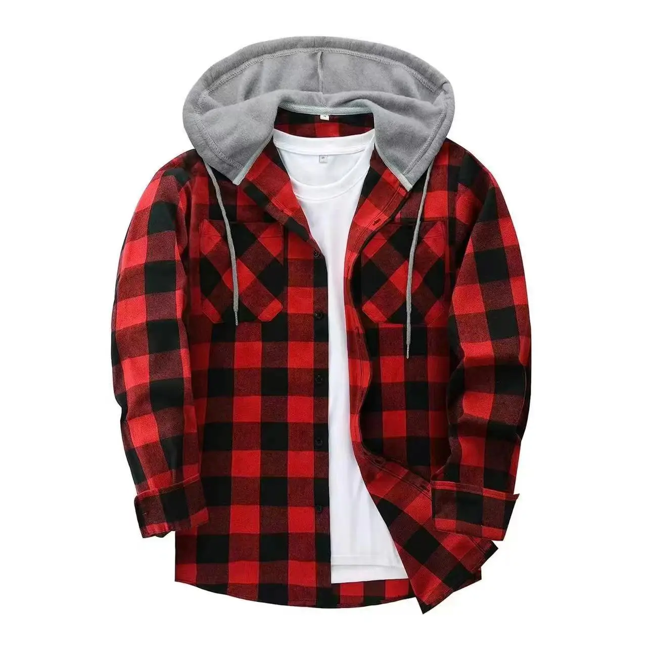 Youth Fashion Street Hooded Plaid Shirt Men’s Slim Fit Long Sleeved Shirt Couple Travel Casual Shirt Men’s Sports Shirt Jacket