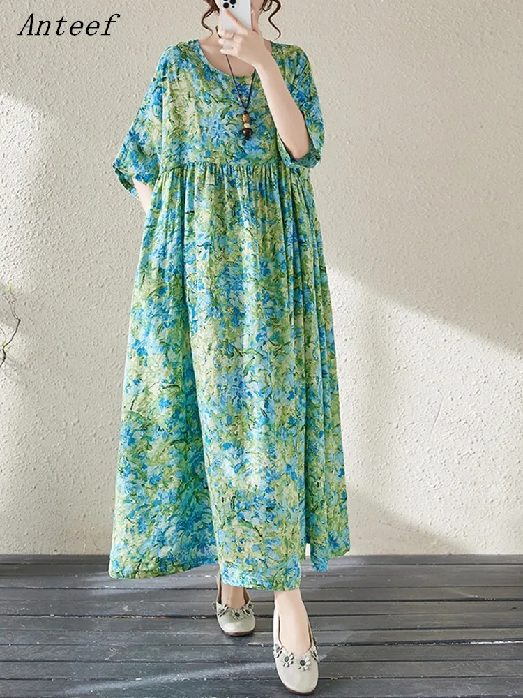 short sleeve oversized cotton vintage floral new in dresses for women casual loose long summer dress elegant clothing 2024