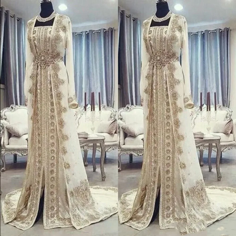 vestidos de f  Caftan  Evening Dresses Dubai  Arabic Long Sleeves Amazing Gold Embroidery Square-Neck Occasion Prom Formal Gowns