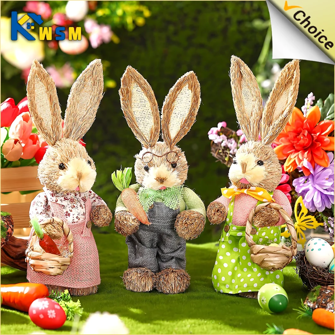 1/2Pcs Easter Cute Straw Bunny Decorations Rustic Home Decoration Party Tabletop Decorations Craft Decorations