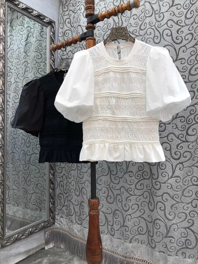 100%Cotton Tops 2024 Spring Summer Fashion White Black Tops Luxurious Women Embroidery Patchwork Short Sleeve Vintage Top Blouse