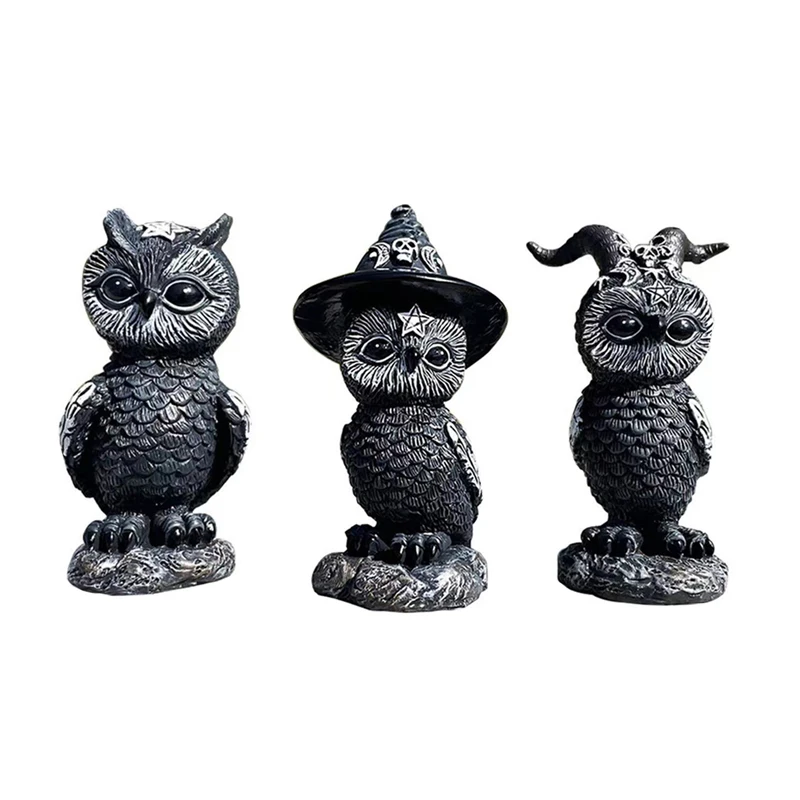 1pc Magic Owl Mysterious Statue Cute Black Witches Owl Figurine Home Decor Desk Resin Ornament for Halloween Sculpture