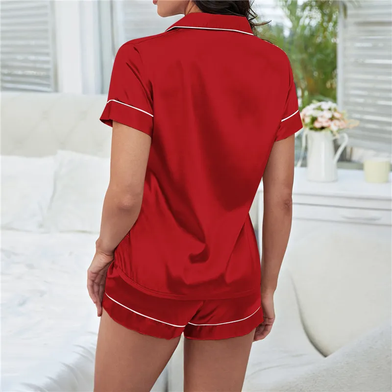 2023 Summer Womens Silk Satin Pajamas Set Short Sleeve Shorts Two-piece Pj Sets Sleepwear Loungewear Button-Down Plus Size M-2XL