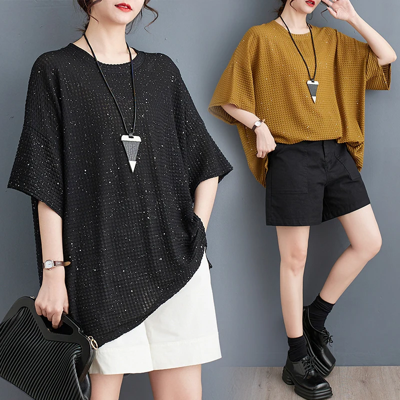 2024 New Arrival Spring/summer time Korean Style Women Fashion Tops Tees Casual Loose O-neck Short Sleeve Asymmetrical T-shirt V897