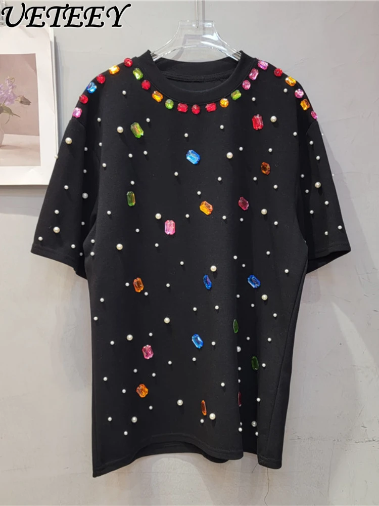 2024 Summer European Goods New Heavy Diamond Hand Beaded Loose Figure Flattering Round-Neck Short Sleeve T-shirt Female Tops