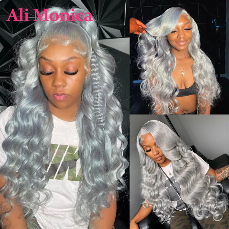 210 Density Silver Grey Colored Lace Wig Body Wave 13×6 Lace Frontal Wigs for Women Human Hair Colored Brazilian Wigs 34 36 Inch