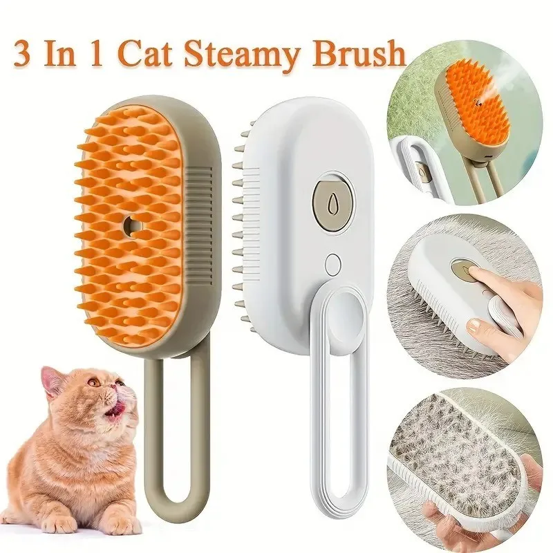 3-in-1 steamy cat and dog brush with massaging comb, pet grooming tool for hair removal and relaxation