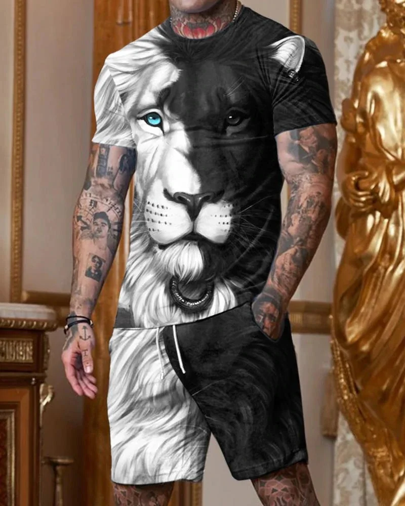 3D Printed Lion T-shirt Men’s Set Summer All-match Casual 2-piece Sportswear Men’s Oversized  T-shirt Shorts Retro Beach Cloth