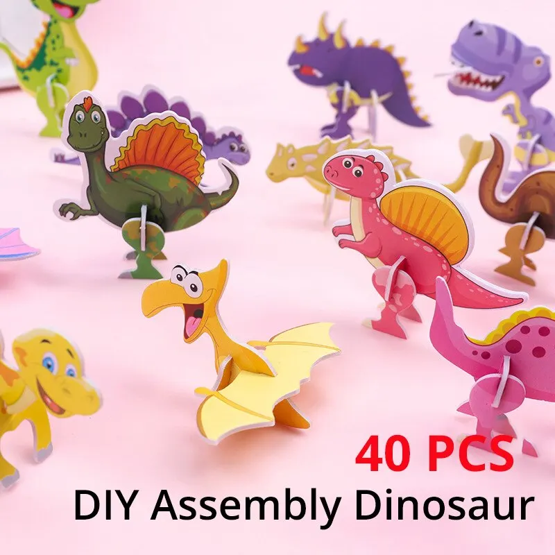 40Pcs Children Paper Dinosaur 3D Puzzle DIY Cute Cartoon Dinosaur Modeling Animal Model Toy