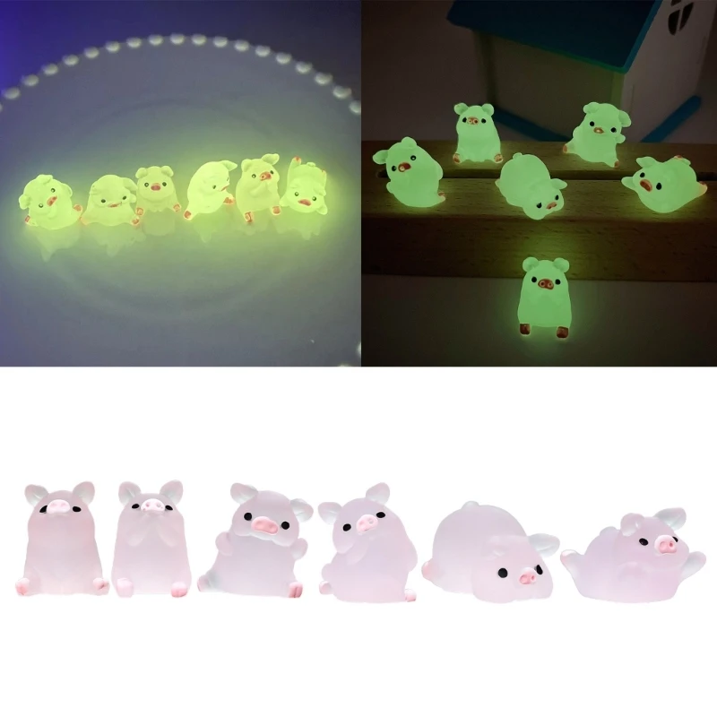 6Pcs  Luminous Piggy Miniature Figurines Pig Cake Toppers Mini Resin Pig Figurines Toy DIY Crafts for Garden Decors