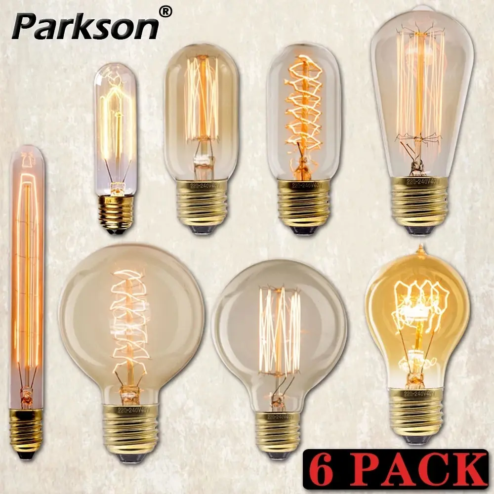 6pcs/lot Retro Edison Light Bulb E27 220V 40W ST64 G80 G95 T10 T45 Ampoule Vintage Incandescent Filament Edison Lamp Home Decor