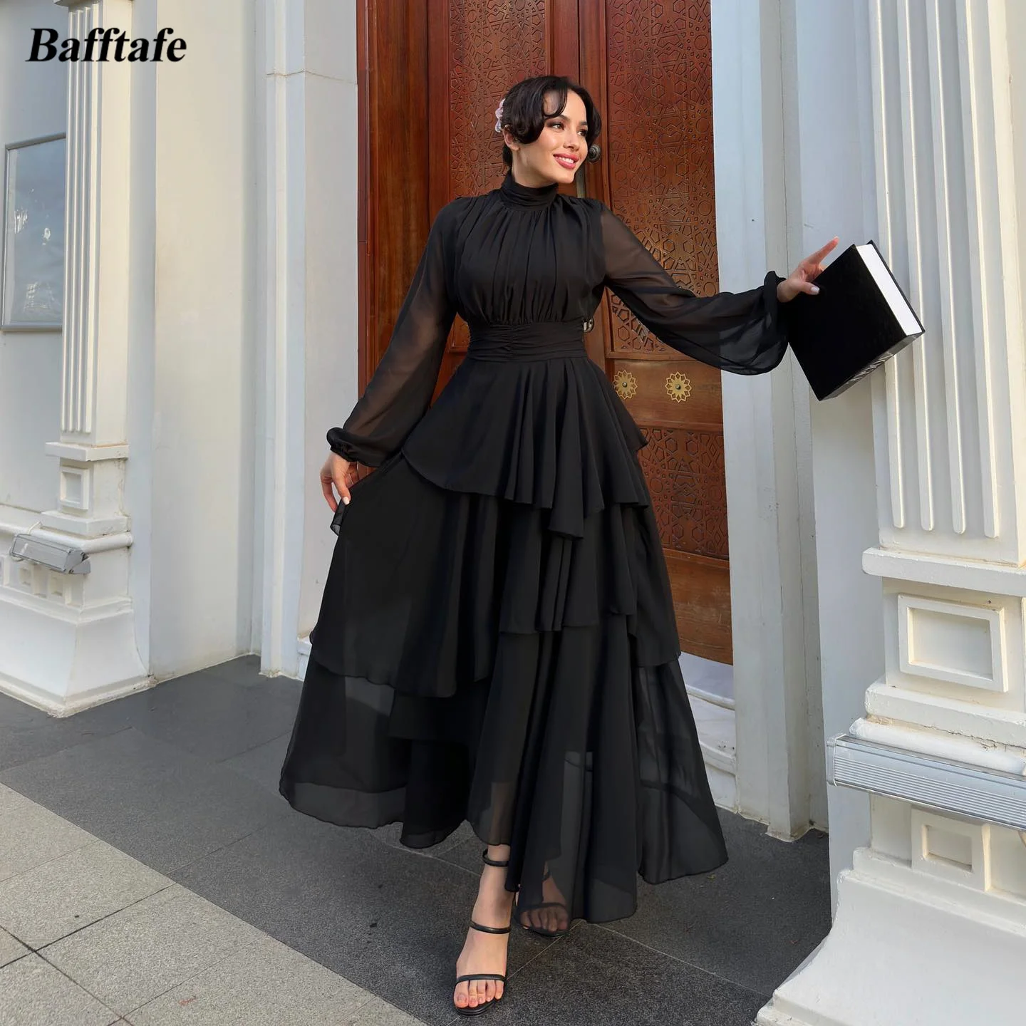 Bafftafe Modest Black A Line Prom Dresses Chiffon Arabic Women Formal Evening Dress Long Sleeves Special Party Celebrity Gowns