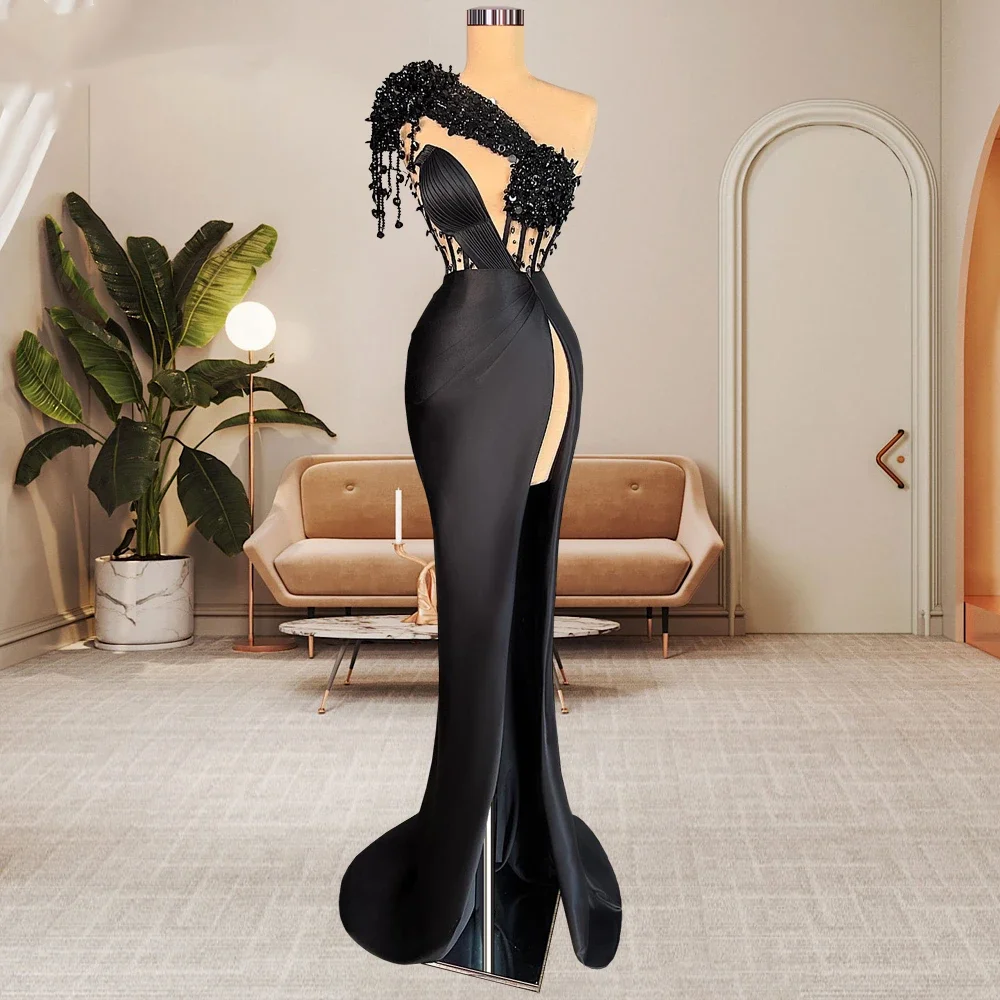 Black One Shoulder Tassel Party Dress Arabic High Side Split Evening Dresses Dubai Wedding Event Gowns Pearls Occasion Dresses