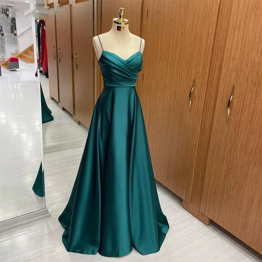 Drak Green A Line Formal Dresses V Neck Pleat Party Dress For Wedding Spaghetti Strap Special Occasion Dresses robe soirée