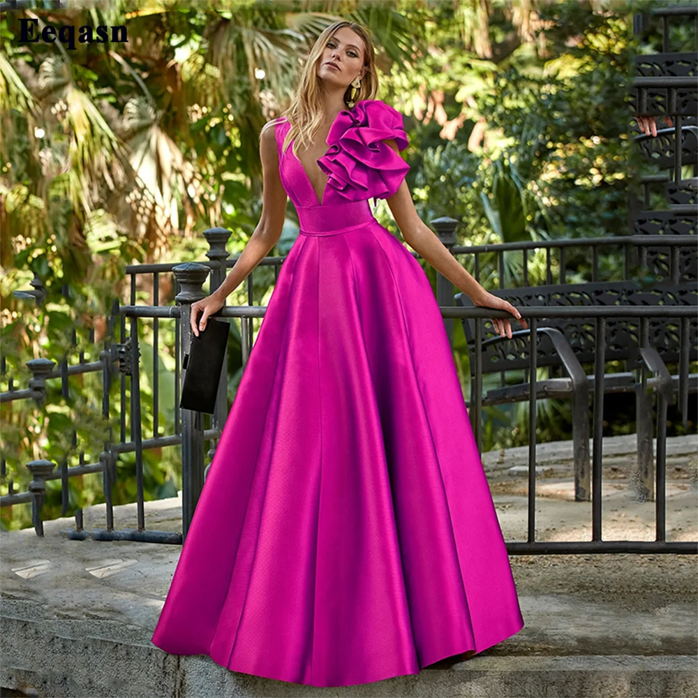 Eeqasn Fuchsia A Line Prom Gowns Satin Draped One Shoulder Long Women Party Dresses Formal Prom Dress Special Occasion Outfits