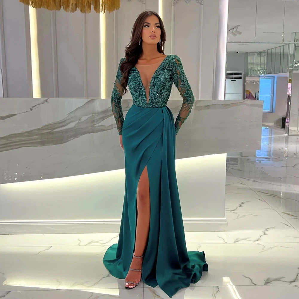 Elegant Mermaid Prom Dresses 2024 Sexy V-Neck Full Sleeves Split Long Party Dresses for Evening Formal Occasion Dress Custom