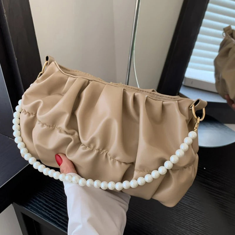 Evening Bags PU Leather Pearl Pleated Cloud Pack Shopping Women’s Shoulder Bag Solid Color