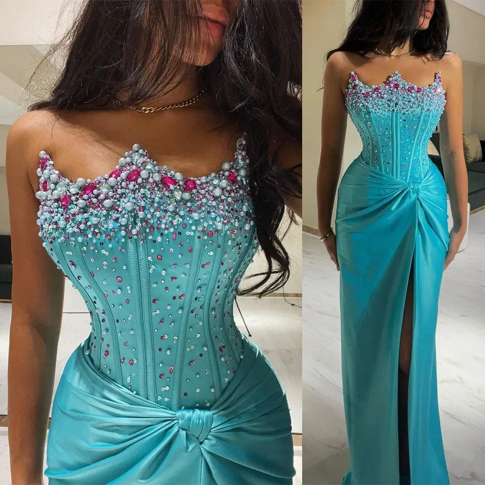 Flavinke Luxury Crystal Mermaid Evening Dresses Sparkle Satin Crown Beaded Formal Party Prom Dresses Occasion vestidos de noche